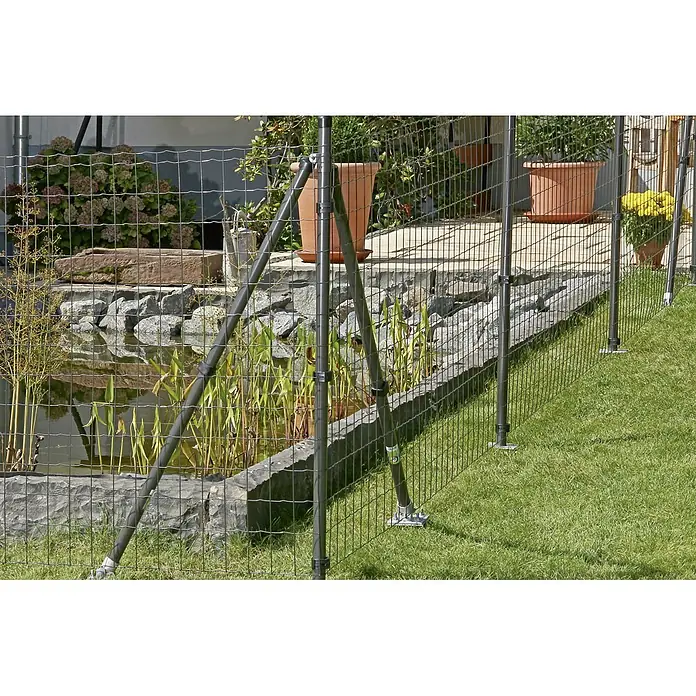 Hadra Maschendrahtzaun - 25 x 0,81 m, Anthrazit - Ein engmaschiger Gartenzaun aus Metalldraht sichert einen Gartenteich. Der Zaun ist mit stabilen Stützpfosten und Verstrebungen versehen.
