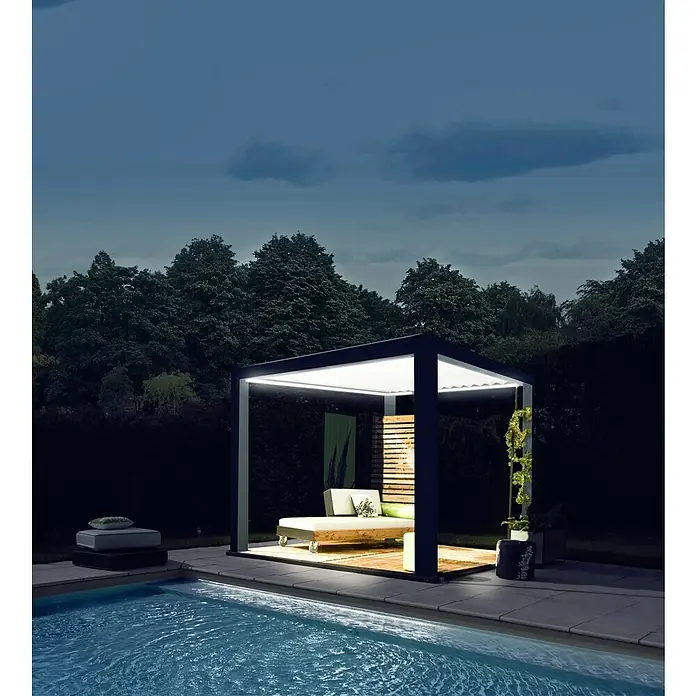 Wismar-NFI Pergola BioB x T: 339,6 x 400 cm, Grau/Weiß, Aluminium - Stilvolle Pergola am Pool, die abends für eine entspannte Atmosphäre sorgt. Die moderne Konstruktion bietet Komfort und Beleuchtung.