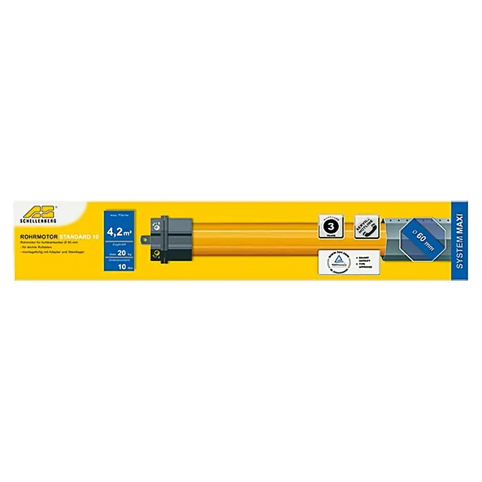 Schellenberg Motor tubular Maxi Standard - Superficie de persiana enrollable máx.: 6,2 m² para persianas de plástico, Longitud de instalación: 500 mm, Fuerza de tracción: 25 kg - Imagen del producto de un motor tubular Schellenberg Standard 10, adecuado para persianas enrollables con una superficie de hasta 4,2 m² y un diámetro de 60 mm.