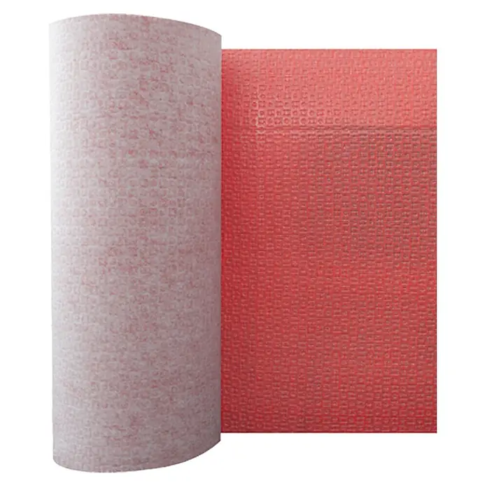 Racofix Entkopplungsmatte Meterware plus - Max. Zuschnittsmaß: 30 m, Breite: 1 m, Anwendungsbereich: Innen, Als Zuschnitt erhältlich - Rolle rote und weiße Anti-Rutsch-Matte mit quadratischer Struktur, ideal zum Schutz und zur Fixierung von Gegenständen auf Oberflächen.
