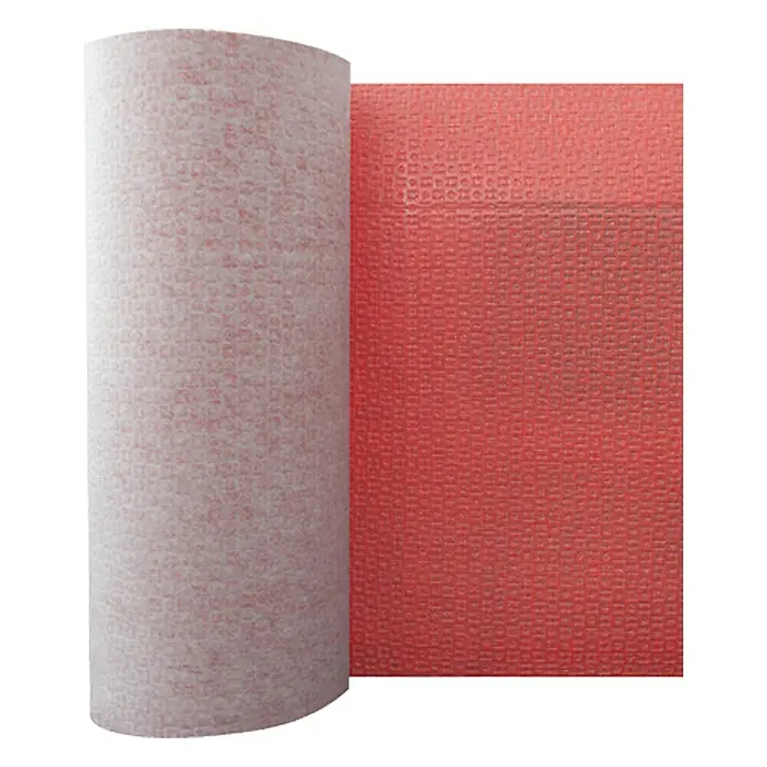 Racofix Entkopplungsmatte Meterware plus - Max. Zuschnittsmaß: 30 m, Breite: 1 m, Anwendungsbereich: Innen, Als Zuschnitt erhältlich - Rolle rote und weiße Anti-Rutsch-Matte mit quadratischer Struktur, ideal zum Schutz und zur Fixierung von Gegenständen auf Oberflächen.