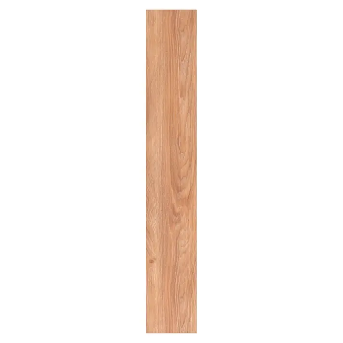 b!design Vinylboden Clic Aspen Eiche - 1.210 x 190 x 5 mm, Landhausdiele - Nahaufnahme einer einzelnen Holzdiele mit einer warmen, honigfarbenen Tönung und einer ausgeprägten Maserung. Ideal für Bodenbeläge oder Wandverkleidungen.