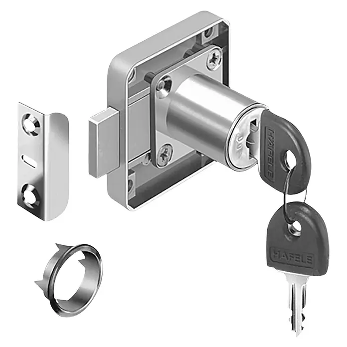 Suki Cerrojo con bloqueo - DIN-derecha, Diámetro cilindro: 19 mm, L x An x Al: 25 x 18 x 7 mm - Detalle de una cerradura para armario con llaves, incluyendo bocallave y roseta, ideal para muebles.