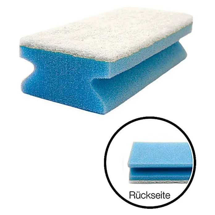 Reinigungsschwamm - 10 Stk., Blau - Ein blauer Schwamm mit weißer Oberfläche und Ausschnitten, präsentiert mit einer Detailansicht der Rückseite.