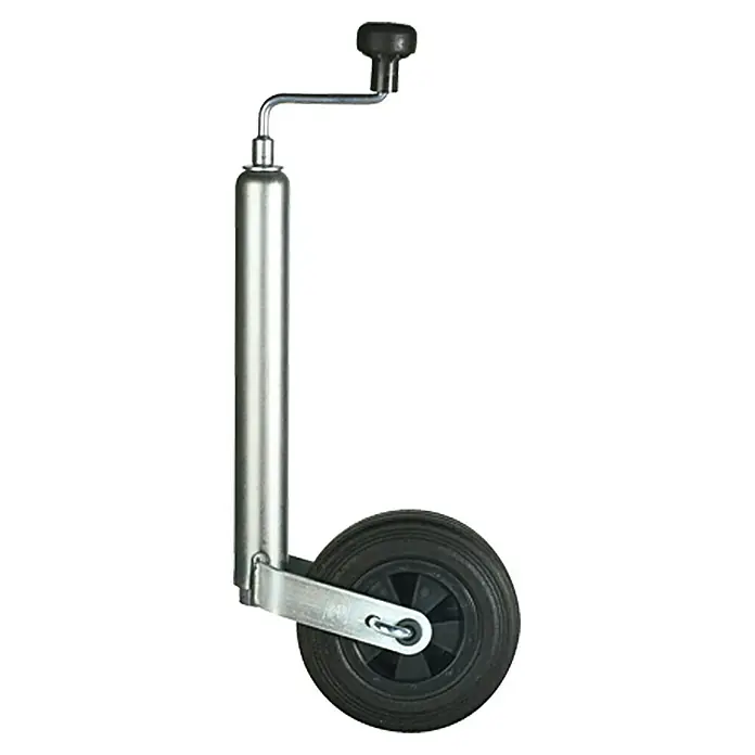 Stema Stützrad - Lastanzeige, Belastbarkeit: 150 kg, Aluminium, Verzinkt - Das Bild zeigt ein Stützrad für Anhänger, das aus einem Metallrohr, einer Kurbel und einem Rad besteht. Es ist für das Anheben und Bewegen von Anhängern konzipiert.