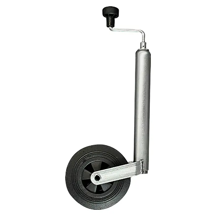 Stema Stützrad - Geeignet für: Anhänger, Durchmesser Rohr: 48 mm, Aluminium, Verzinkt - Abgebildeter Anhängerstützrad mit Kurbel und schwarzem Rad für einfaches Rangieren.
