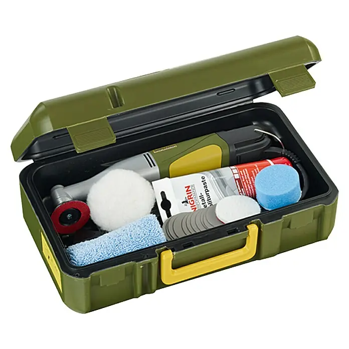 Proxxon Micromot Winkelpolierer WP/E No 28660 - 100 W, 800 U/min - 2.500 U/min - Ein grüner Werkzeugkasten, der ein Poliermaschinen-Set mit verschiedenen Polieraufsätzen und Polierpaste enthält.