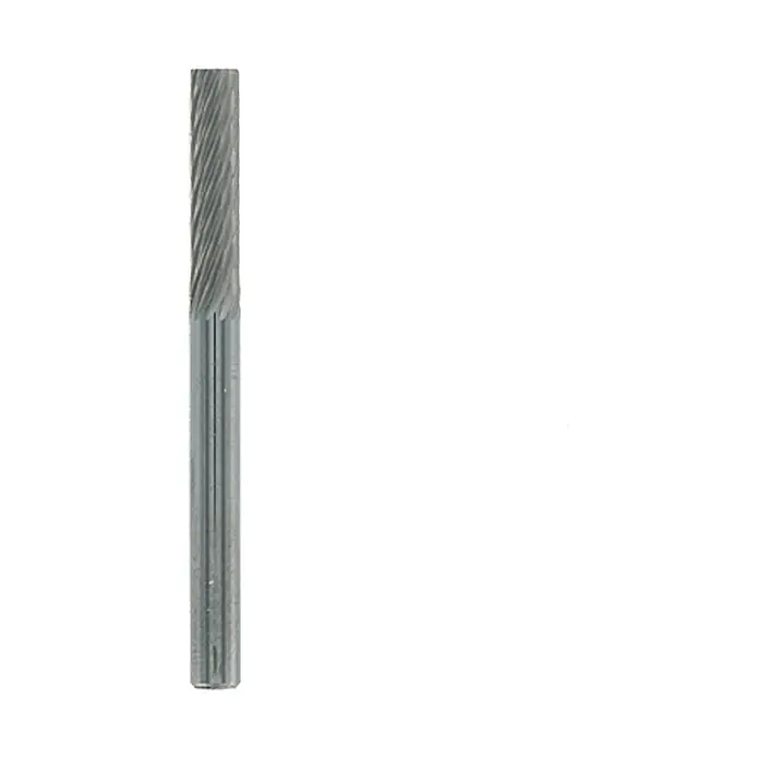 Dremel Wolframkarbid-Fräser Mod. 9901 - Kopfform: Tellerkopf, Arbeitsdurchmesser: 3,2 mm, 1 Stk. - Nahaufnahme eines zylindrischen Frässtifts mit gezahntem Kopf, ein Präzisionswerkzeug für die Metallbearbeitung.
