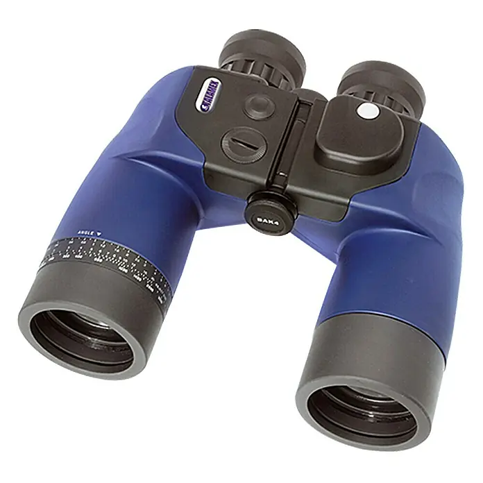 Talamex Fernglas - 7-fach, Durchmesser Objektiv: 50 mm, Mit Kompass - Nahaufnahme eines blauen Steiner Fernglases mit schwarzer Optik. Ideal für Outdoor-Abenteuer und Naturbeobachtungen.