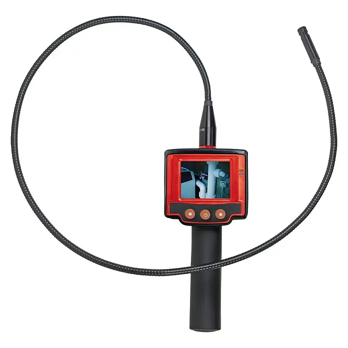 Rothenberger Industrial Endoskopkamera TF 2809 - Länge: 90 cm, TFT-Display 2,4″/6,1 cm - Hier ist eine Inspektionskamera mit einem flexiblen Hals und einem Bildschirm, der ein Bild von Rohren anzeigt.