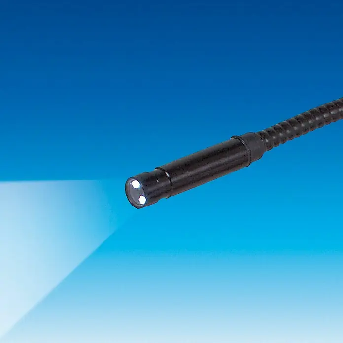 Rothenberger Industrial Endoskopkamera TF 2809 - Länge: 90 cm, TFT-Display 2,4″/6,1 cm - Nahaufnahme einer Inspektionskamera mit flexiblem Schwanenhals und LED-Leuchten.