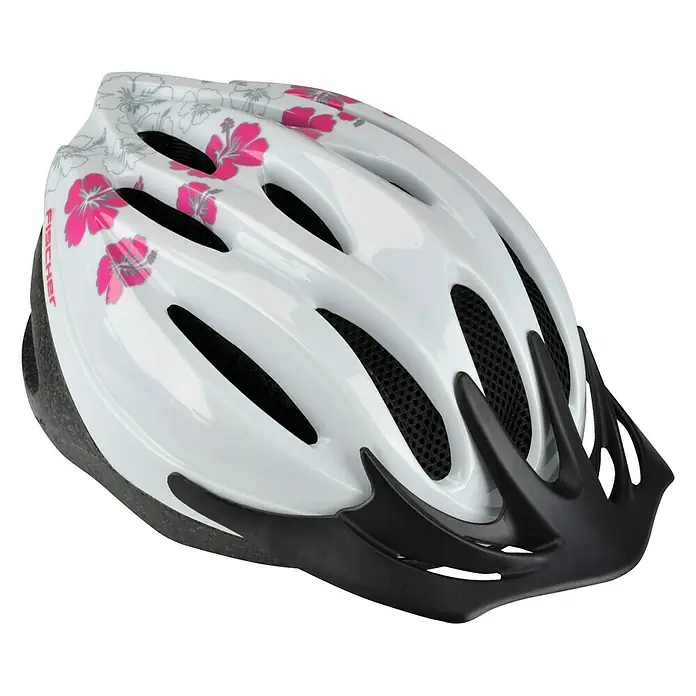 Fischer Fahrradhelm Hawaii - Größe: S/M 54 - 58 cm - Fahrradhelm mit weißer Oberfläche und rosa Hibiskusblütenmuster für zusätzlichen Schutz und Stil beim Radfahren.