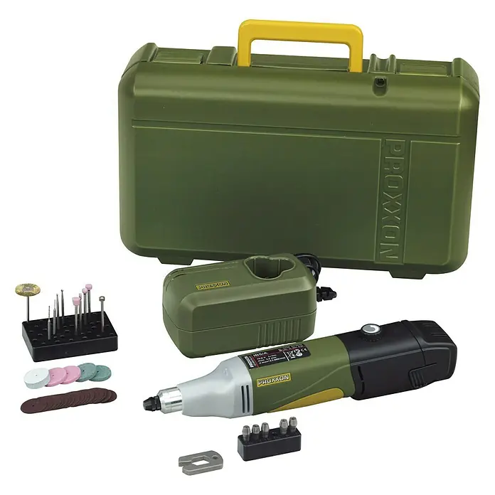 Proxxon Micromot Akku-Industrie-Bohrschleifer IBS/A - 10,8 V, Li-Ionen, 2,6 Ah, 1 Akku, Leerlaufdrehzahl: 7.000 U/min - 23.000 U/min - Das Proxxon-Werkzeugset: Ein vielseitiges Set mit Werkzeugkoffer, Ladegerät und Zubehör für präzises Arbeiten in verschiedenen Anwendungen.