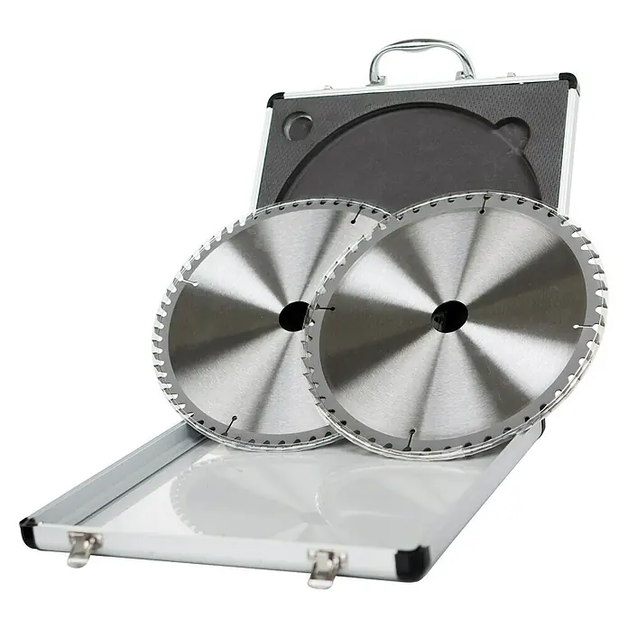 Scheppach Sägeblatt-Set - Durchmesser: 254 mm, 2 Stk. - Zwei Kreissägeblätter in einem stabilen Aluminiumkoffer, ideal für präzise Schnitte und sichere Aufbewahrung.