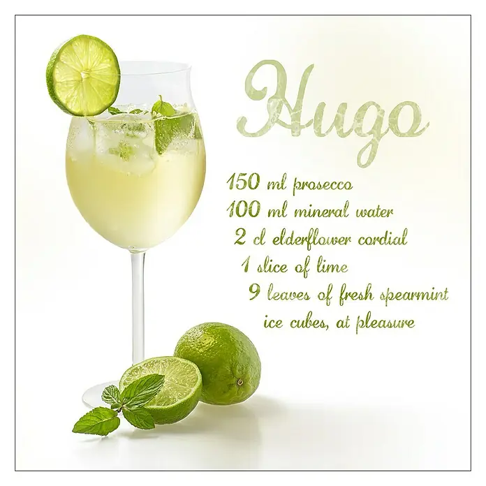 Glasbild - Hugo, B x H: 20 x 20 cm - Erfrischender Hugo-Cocktail mit Prosecco, Mineralwasser, Holunderblütensirup, Limette und Minze, perfekt für warme Tage.