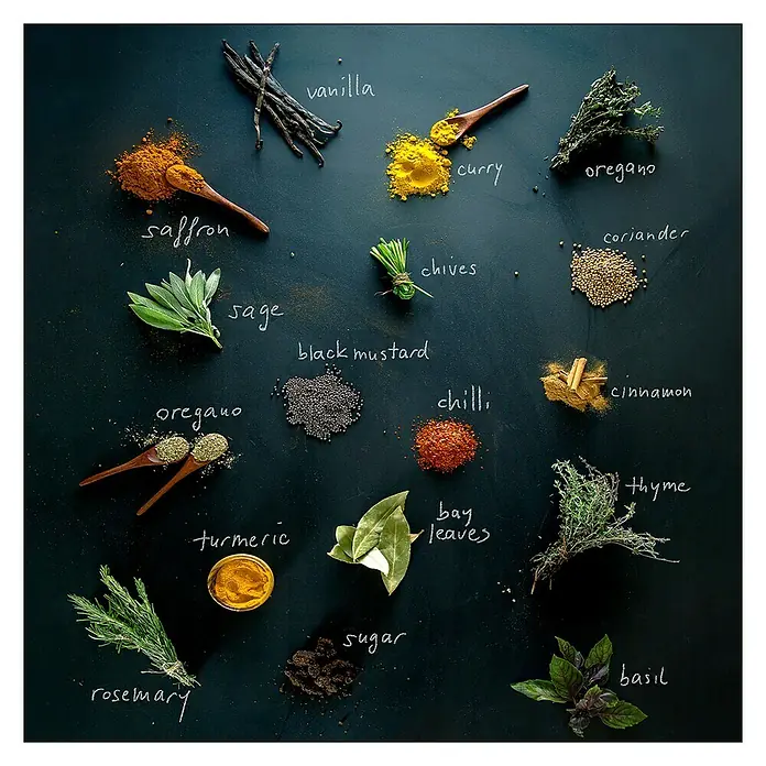 Glasbild - Herbage Mix, B x H: 50 x 50 cm - Eine vielfältige Auswahl an Gewürzen, darunter Safran, Vanille, Curry, Oregano und mehr, kunstvoll auf einer dunklen Oberfläche arrangiert.