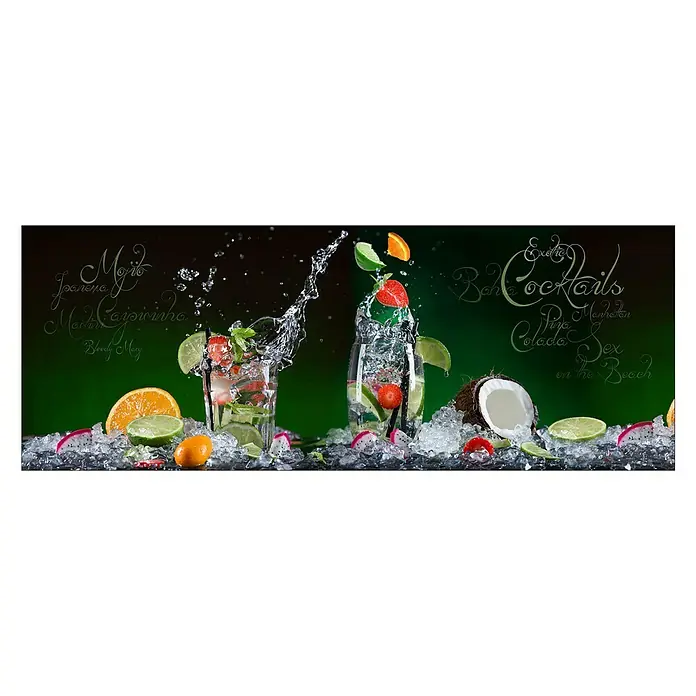 Glasbild - Exotic Cocktails, B x H: 80 x 30 cm - Erfrischende Cocktails auf Eis mit tropischen Früchten, die sommerliche Aromen und exotische Gaumenfreuden versprechen.