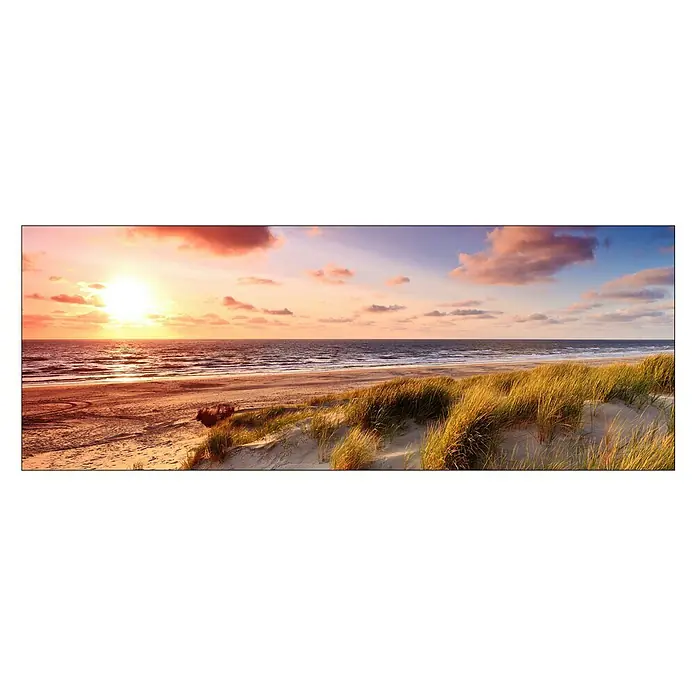ProArt Maritime Glasbild - Sea Harmony, 80 x 30 cm, Glas - Farbenprächtiger Sonnenuntergang über dem Meer mit Dünen im Vordergrund, ideal für eine entspannende Wanddekoration.