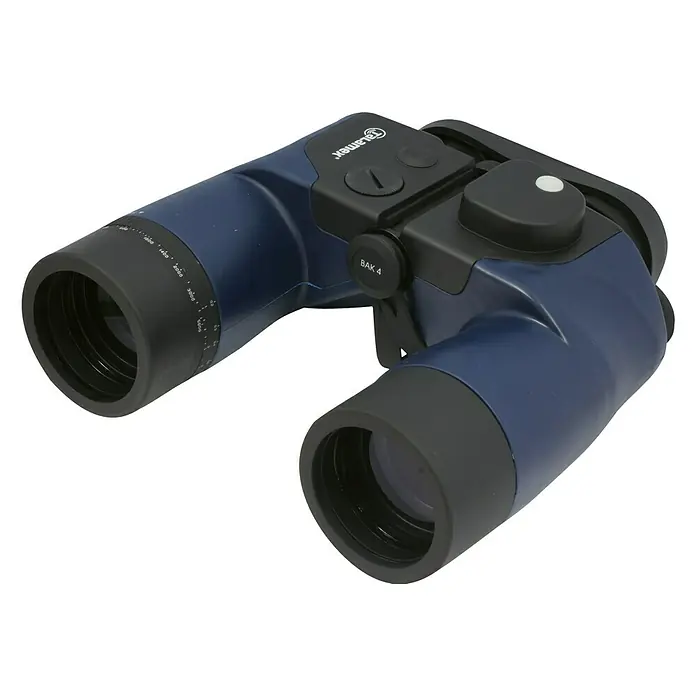 Talamex Fernglas - 7-fach, Durchmesser Objektiv: 50 mm, Mit Kompass - Nahaufnahme eines blauen Fernglases mit schwarzem Okular und zentralem Fokussierrad, ideal für Naturbeobachtungen.