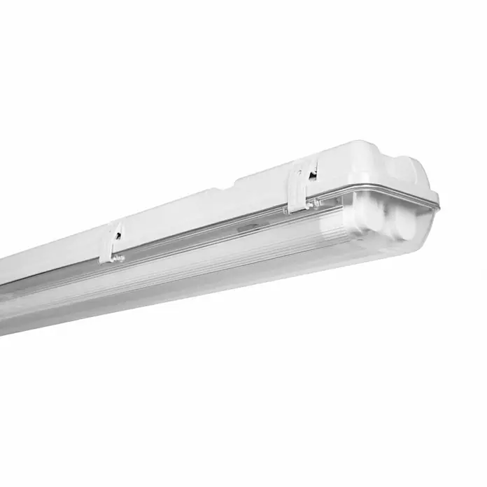 Ledvance LED-Feuchtraumlichtleiste Submarine - Länge: 60 cm, Lichtfarbe: Neutralweiß, 12 W, IP65 - Nahaufnahme einer weißen, länglichen Deckenleuchte mit klarer Abdeckung, ideal für industrielle oder gewerbliche Anwendungen.