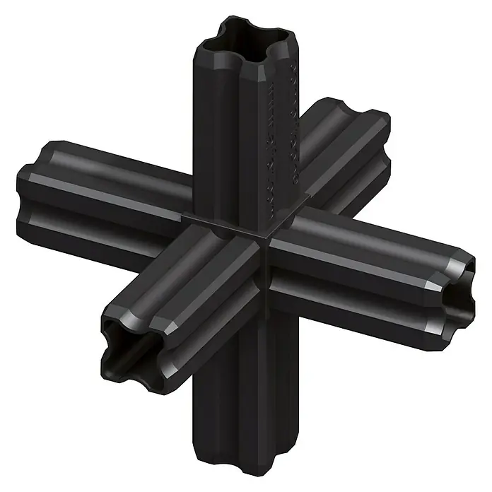 Kantoflex Knotenverbinder6 Zapfen - Schwarzes Kunststoffkreuzstück zur Verbindung von Rohren oder Stangen in einem 4-Wege-System. Ideal für DIY-Projekte und Möbelbau.