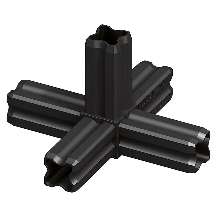 Kantoflex Knotenverbinder - 5 Zapfen - Schwarzer Kunststoff-Rohrverbinder mit vier Wegen zur Verbindung von Rohren. Ideal für DIY-Projekte und Konstruktionen.