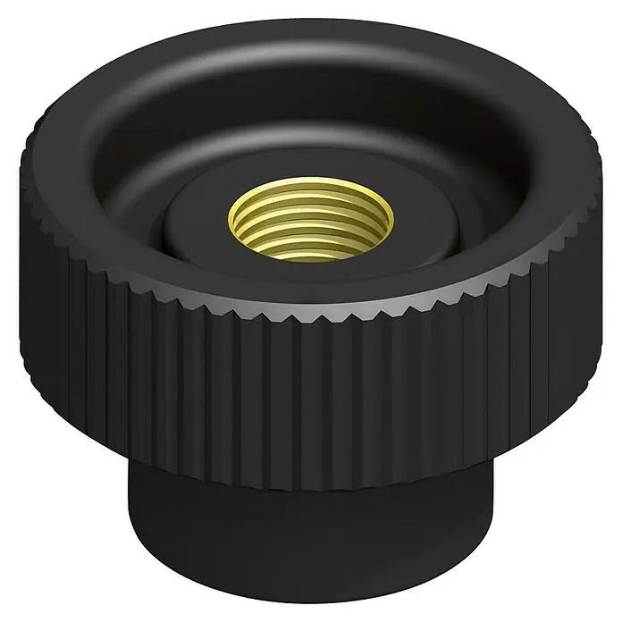 Kantoflex Rändelmutter mit Gewinde - Durchmesser: 25,5 mm, Geeignet für: M 8 - Schwarzer Rändelknopf mit einer goldenen Gewindebuchse in der Mitte, ideal für präzise Einstellungen und sicheren Halt.