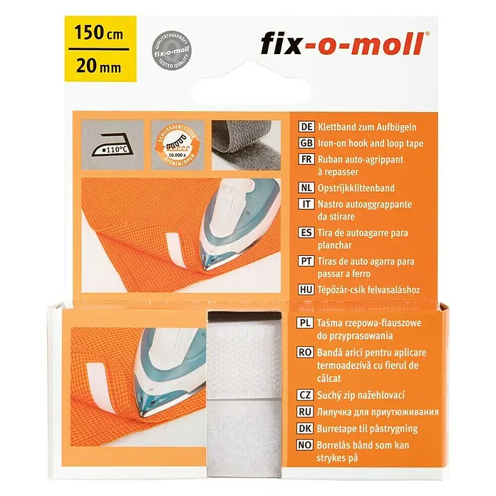 Fix-o-moll Klett-Kombi-SetL x B: 150 x 20 mm, Weiß, Aufbügeln - Bild von Fix-o-Moll Klettband zum Aufbügeln, 150 cm x 20 mm, ideal zum einfachen Anbringen von Textilien ohne Nähen.