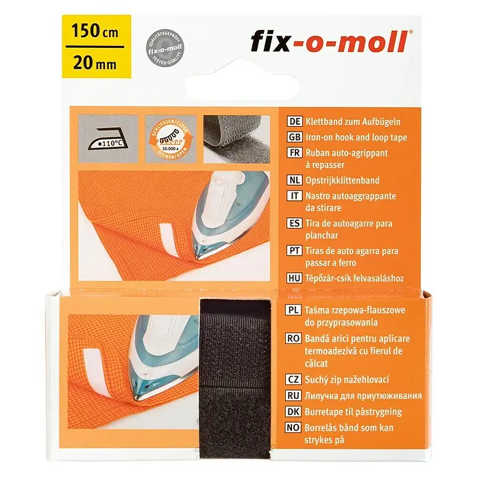 Fix-o-moll Klett-Kombi-Set - L x B: 150 x 20 mm, Schwarz, Aufbügeln - Bild von Fix-o-Moll Klettband zum Aufbügeln, 150 cm lang und 20 mm breit, ideal für schnelle und einfache Befestigungen.