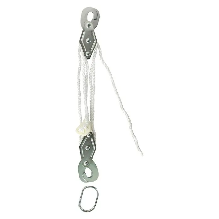 Conacord Polea elevadora - Carga soportada: 80 kg - La imagen muestra una polea de cuerda con dos discos metálicos y una cuerda blanca. Es una herramienta práctica para aplicaciones de elevación.