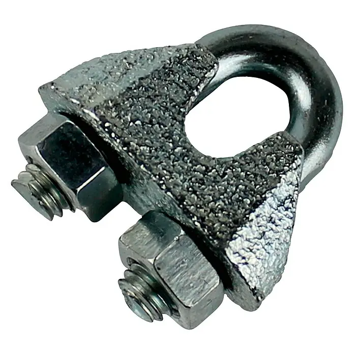 Stabilit Seilklemme - Für Seildurchmesser: 4 mm, 10 Stk., Stahl - Nahaufnahme eines verzinkten Drahtseilclips, der zum Sichern von Drahtseilen verwendet wird. Er besteht aus einem U-förmigen Bügel, einem Sattel und zwei Muttern.