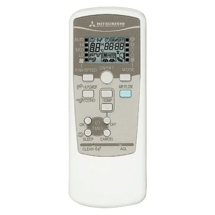 Mitsubishi Aire acondicionado Inverter DXK-12Z6-W1 12 - 3.700 W, 3.600 W, 25 m², Blanco - Primer plano de un mando a distancia de aire acondicionado Mitsubishi con varias funciones y ajustes.
