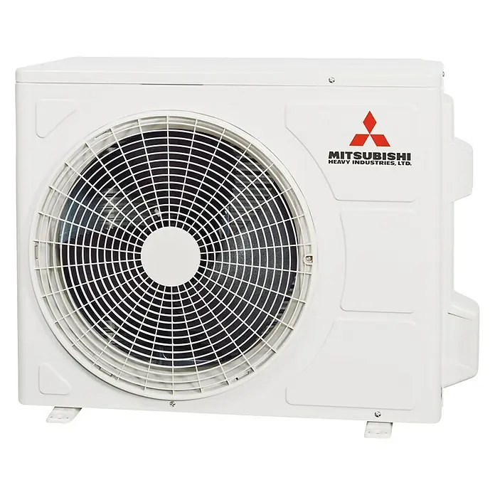 Mitsubishi Aire acondicionado Inverter DXK-12Z6-W1 12 - 3.700 W, 3.600 W, 25 m², Blanco - Aire acondicionado exterior de Mitsubishi Heavy Industries con una carcasa blanca robusta y una rejilla de ventilador eficiente.