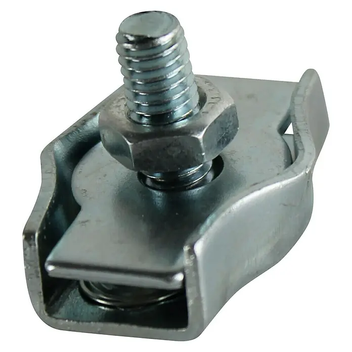 Stabilit Simplex-Klemme - Für Seildurchmesser: 3 mm, Edelstahl - Detailaufnahme einer Drahtseilklemme aus Metall mit Schraube und Mutter, die für sichere Verbindungen sorgt.