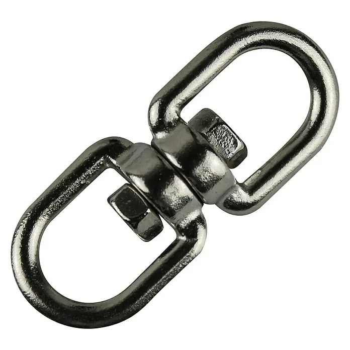 Stabilit Seilwirbel - Für Seildurchmesser: 13 mm, L x B: 64 x 26 mm, Edelstahl - Das Bild zeigt einen doppelten Wirbel aus Edelstahl mit zwei rechteckigen Ösen, verbunden durch eine drehbare Mittelsektion mit Schrauben.