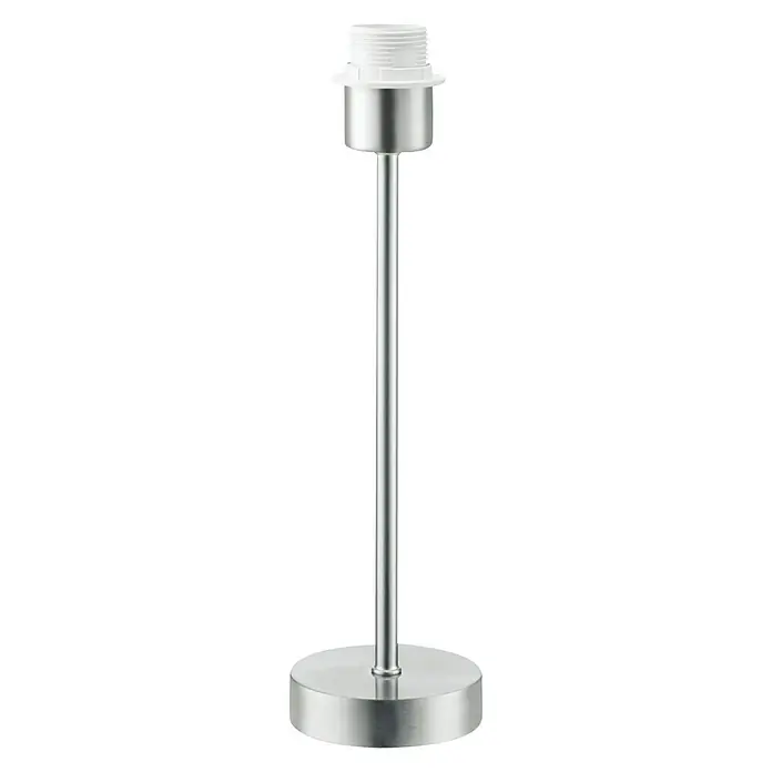 Home Sweet Home Lampenfuß Single - 40 W, Farbe: Stahl matt, Höhe: 37 cm - Nahaufnahme einer modernen Tischleuchte mit einem schlanken, silberfarbenen Ständer und einem weißen Lampensockel, ideal für stilvolle Beleuchtung.