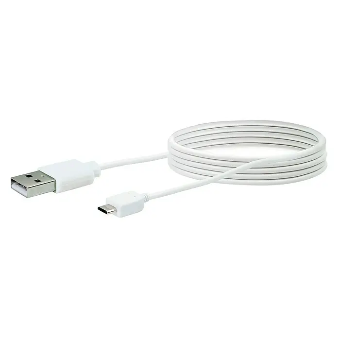 Schwaiger USB-Ladekabel - Weiß, Länge: 2 m, USB A-Stecker, USB Micro-B-Stecker - Weißes USB-Kabel mit USB-A- und Micro-USB-Anschlüssen, ordentlich aufgerollt für einfache Aufbewahrung und Verwendung.