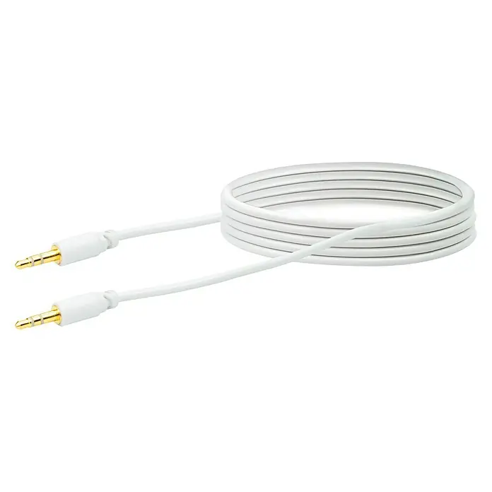 Schwaiger Audio-Kabel - 2 x Klinkenstecker 3,5 mm, 1,5 m, Vergoldete Kontakte - Weißes Audiokabel mit vergoldeten Anschlüssen, aufgerollt präsentiert. Ideal für hochwertige Audioübertragung.