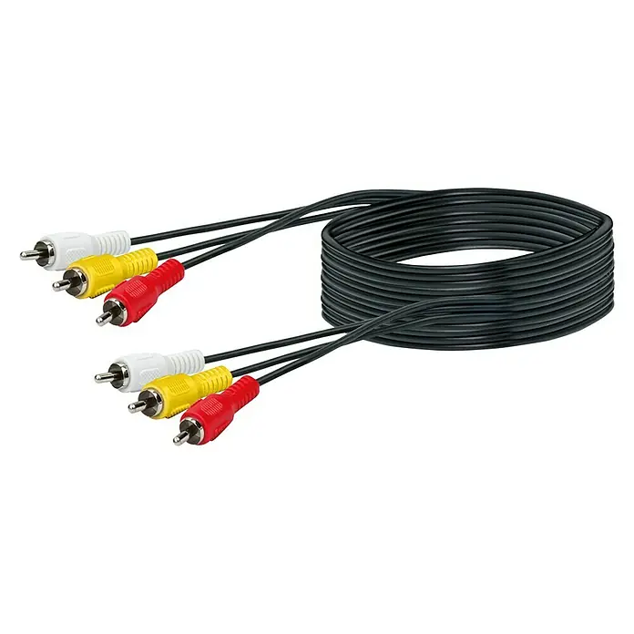 Schwaiger Audio-Kabel - 5 m, 6 x Cinch-Stecker - Ein aufgerolltes Cinch-Kabel mit farbcodierten Steckern (rot, gelb, weiß) für Audio- und Videoübertragung.