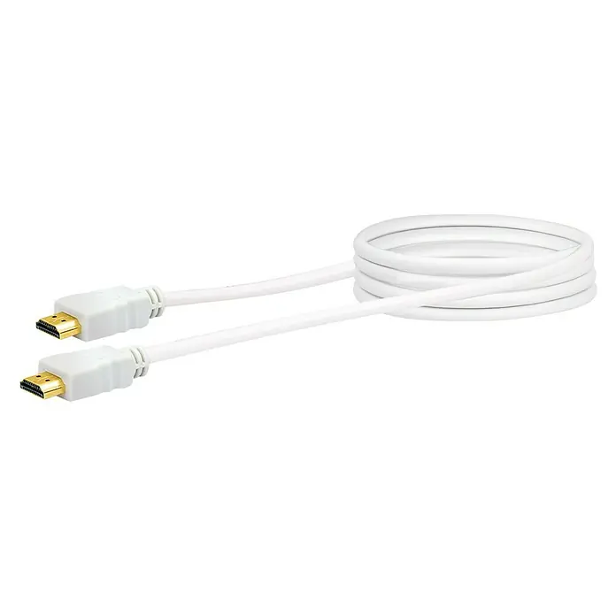 Schwaiger HDMI-Kabel - 1,5 m, Vergoldete Kontakte, Weiß - Dieses Bild zeigt ein weißes HDMI-Kabel, das aufgerollt ist und über goldene Anschlüsse verfügt, vor einem schwarzen Hintergrund.