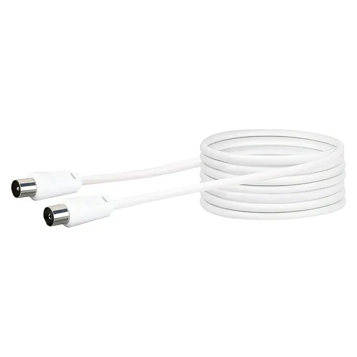 Schwaiger Antennen-Anschlusskabel - 15 m, Weiß, 75 dB, IEC-Stecker, IEC-Buchse, 32er-Aluminium-Geflecht - Weißes Koaxialkabel mit F-Steckern, aufgerollt und bereit für den Anschluss von TV oder Satellitenempfängern für optimale Signalübertragung.