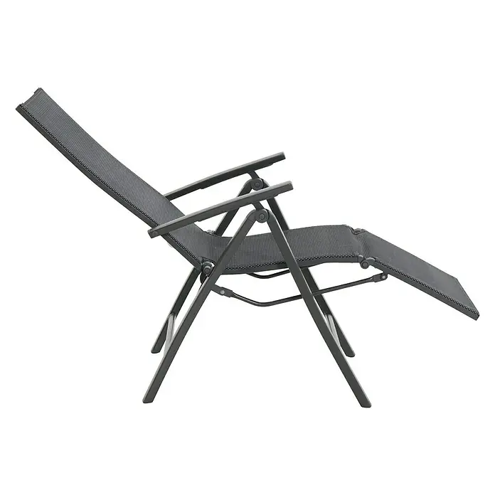 Sunfun Maja Garten-Liegestuhl - Aluminium, Textil, Rückenlehne verstellbar, Anthrazit, B x T x H: 61 x 69 x 111 cm - Abbildung eines grauen Liegestuhls mit verstellbarer Rückenlehne und Fußstütze auf einem weißen Hintergrund.