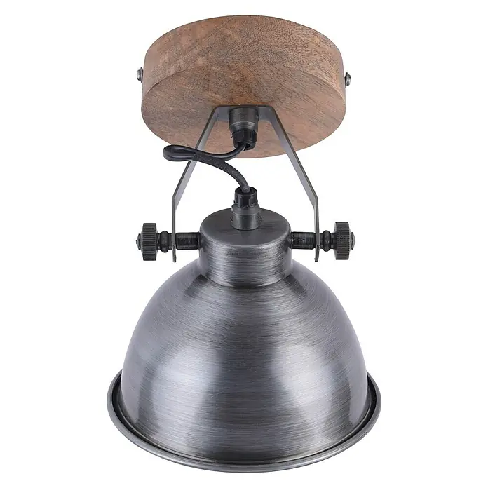 Just Light Samia Wandstrahler - 40 W, L x B x H: 22,5 x 15,5 x 22 cm, Eisen, Braun, E14 - Nahaufnahme einer stilvollen Deckenleuchte im Industrie-Look mit Holzsockel und Metallschirm, die jedem Raum einen Hauch von Vintage-Charme verleiht.