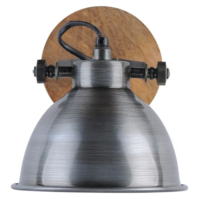 Just Light Samia Wandstrahler - 40 W, L x B x H: 22,5 x 15,5 x 22 cm, Eisen, Braun, E14 - Nahaufnahme einer industriellen Wandleuchte mit einer metallenen Glocke und einer hölzernen Wandhalterung.
