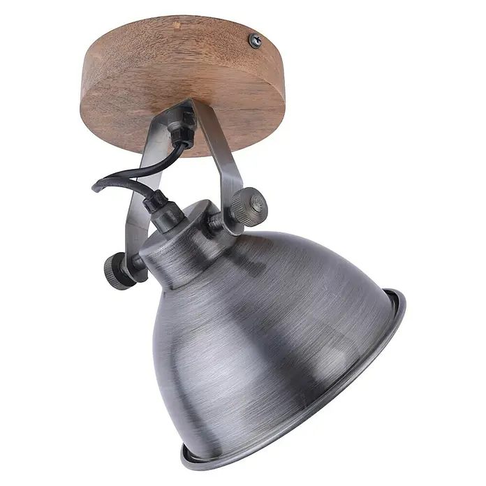 Just Light Samia Wandstrahler - 40 W, L x B x H: 22,5 x 15,5 x 22 cm, Eisen, Braun, E14 - Nahaufnahme einer modernen Deckenleuchte mit Holzsockel und verstellbarem Metalllampenschirm.