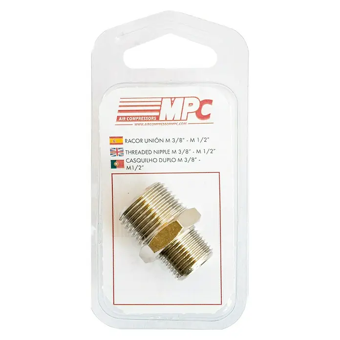 MPC Racor de conexión macho - ⅜ - ½″ - Imagen del producto de un racor doble MPC M 3/8" - M 1/2" en un embalaje transparente. Ideal para compresores de aire.