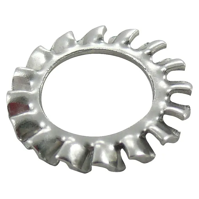 Marinetech Arandela dentada - Diámetro interior: 8,4 mm, Acero inoxidable, DIN 6798, Forma A - Primer plano de una arandela de seguridad metálica dentada, diseñada para proporcionar un agarre seguro y resistencia a la vibración.