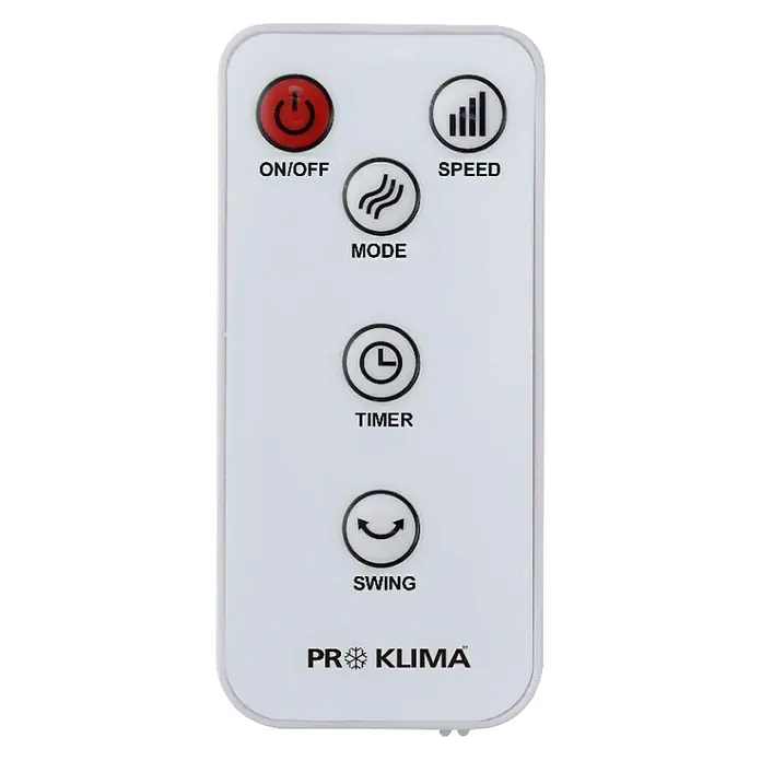 PR Klima Ventilador de torre Design - Blanco/Negro, 110 cm, 40 W - Un mando a distancia blanco Pro Klima con varios botones para encender/apagar, velocidad, modo, temporizador y oscilación.
