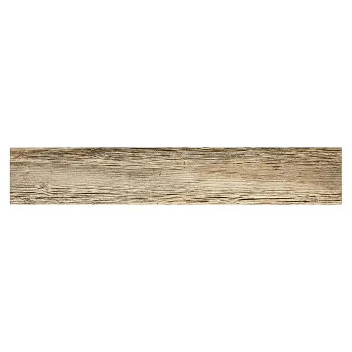 Feinsteinzeugfliese Betulla - 20 x 120 cm, Braun, Matt - Detailaufnahme einer rustikalen Holzplanke mit ausgeprägter Maserung und warmen, natürlichen Farbtönen, ideal als Textur oder Hintergrund.