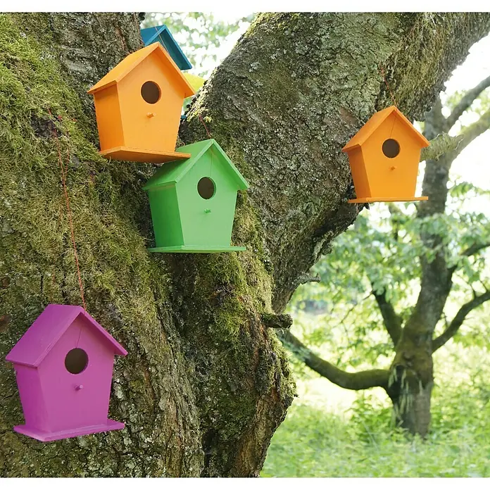 Dupli-Color Platinum Sprühlack RAL 4010 - Telemagenta, Seidenmatt, 400 ml - Mehrfarbige Vogelhäuser hängen an einem Baum.